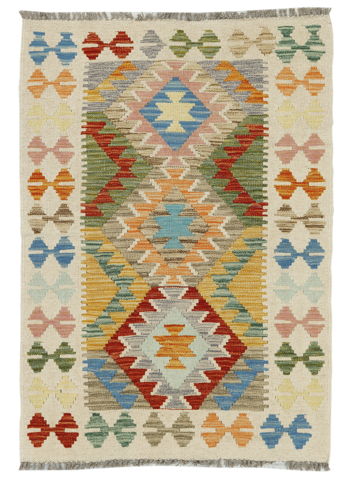 Afghan Kilim rug in vibrant geometric patterns, 131x90cm, handmade by Eastofhere featuring traditional woven design.
