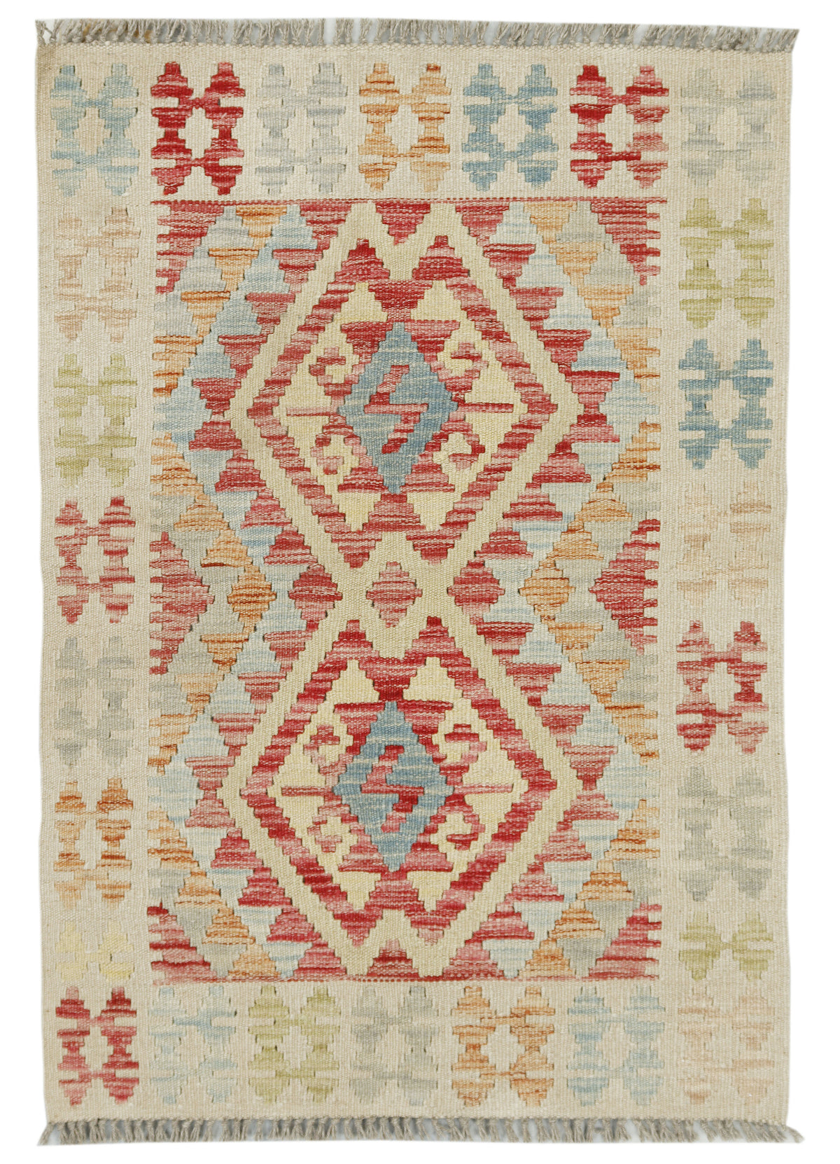 Afghan Kilim rug by eastofhere featuring geometric patterns in warm earthy tones, measuring 110x75cm.