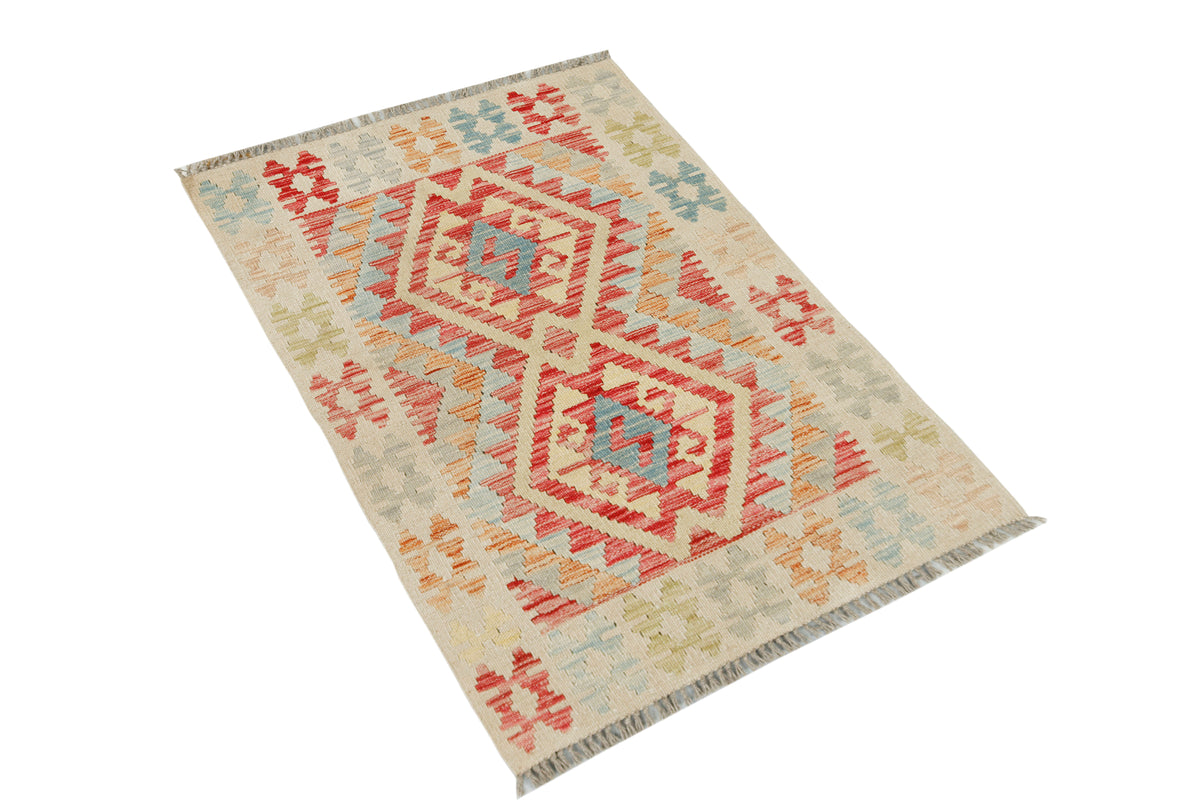 Afghan Kilim rug from eastofhere, 110x75cm, featuring traditional geometric patterns and vibrant colors in woven textile.