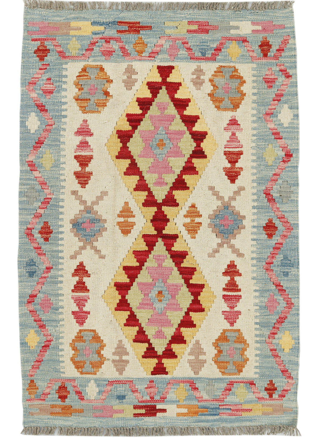 Afghan Kilim rug by eastofhere showing intricate geometric patterns in vibrant colors, measuring 117x78cm.