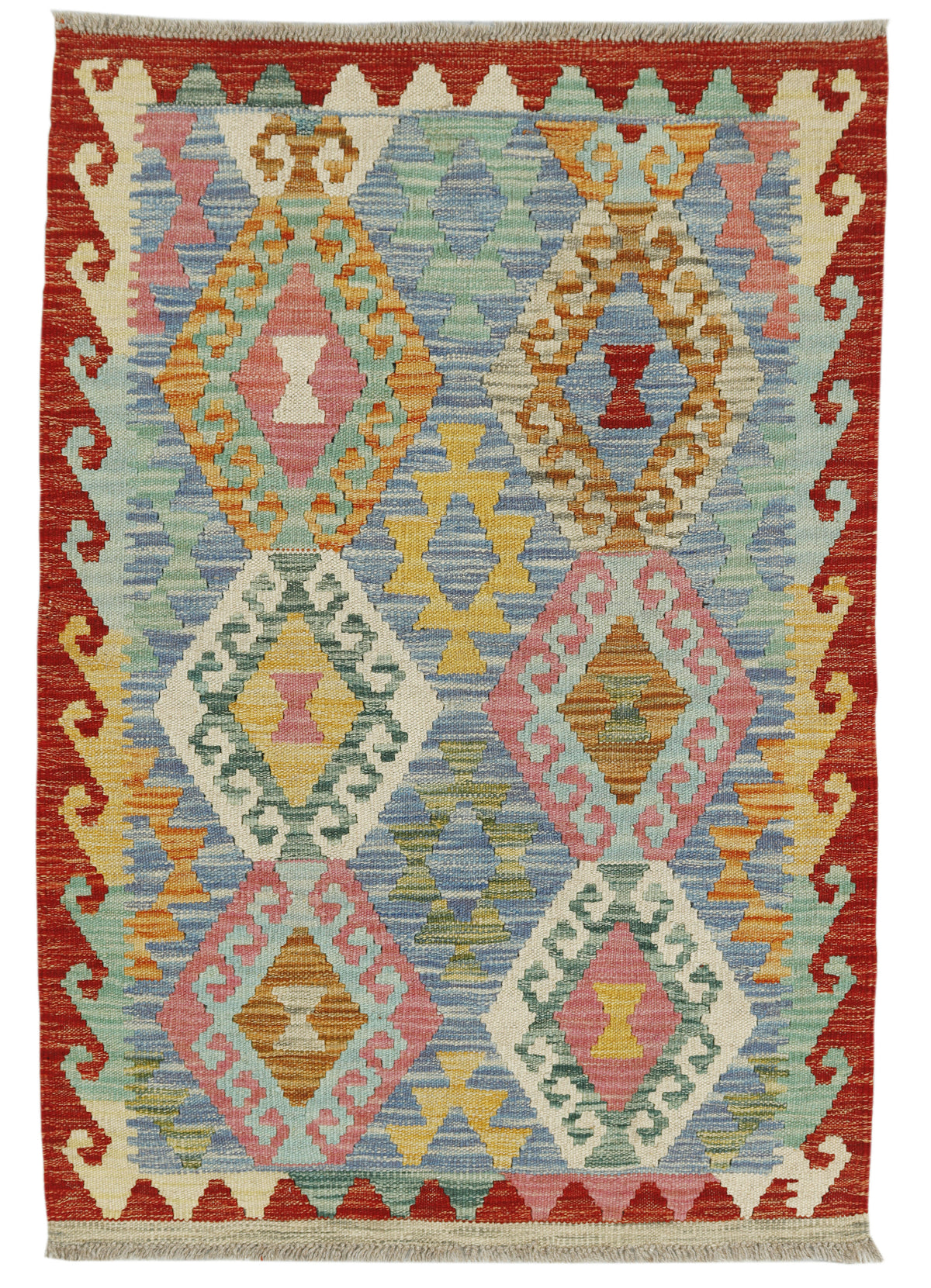 Afghan Kilim rug by eastofhere in 115x78cm, featuring traditional geometric patterns and vibrant colors on woven textile.