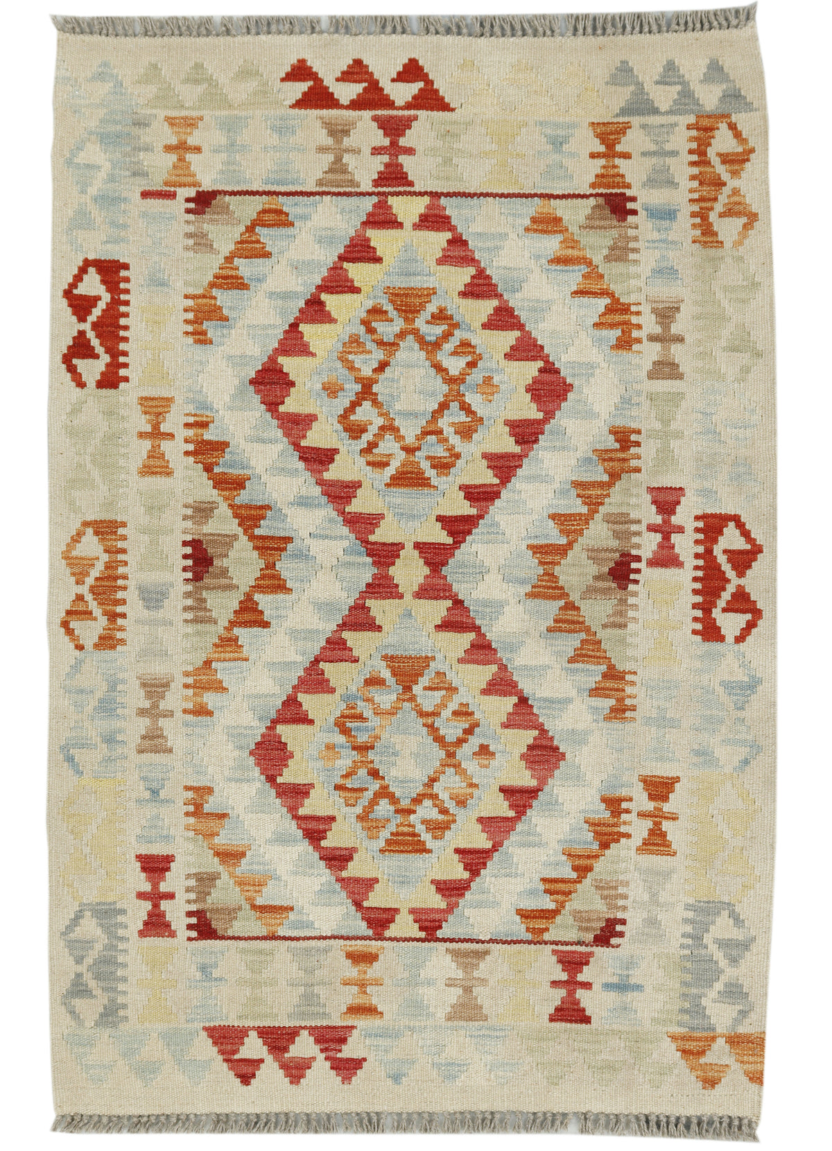 Afghan Kilim rug by eastofhere, 116x79cm, featuring traditional geometric patterns in vibrant colors on woven textile.