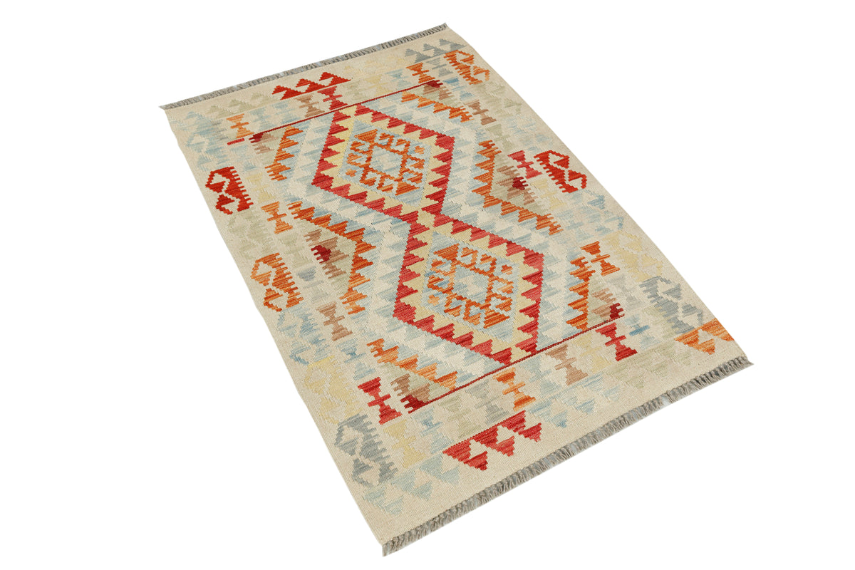 Afghan Kilim rug by eastofhere, 116x79cm, featuring traditional geometric patterns and vibrant colors on woven textile.