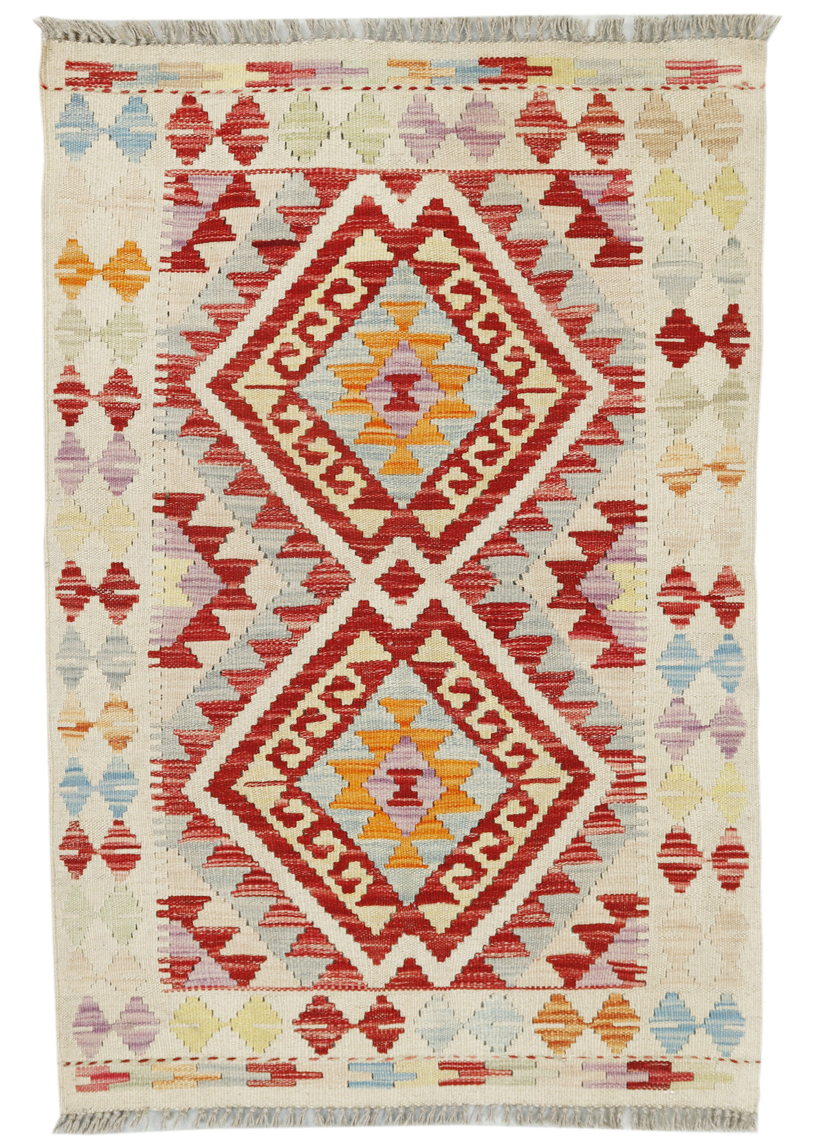 Afghan Kilim rug by eastofhere, 111x75cm, featuring traditional geometric patterns and vibrant colors on woven textile.