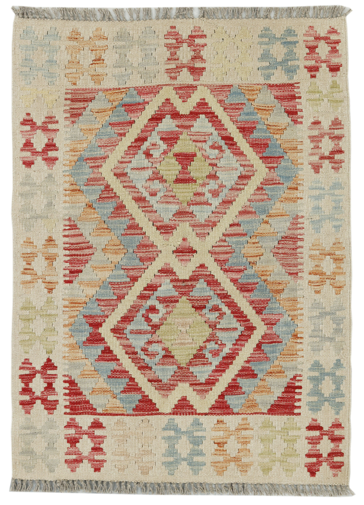 Afghan Kilim rug by eastofhere, 105x76cm, featuring traditional geometric patterns in vibrant colors on a woven textile.