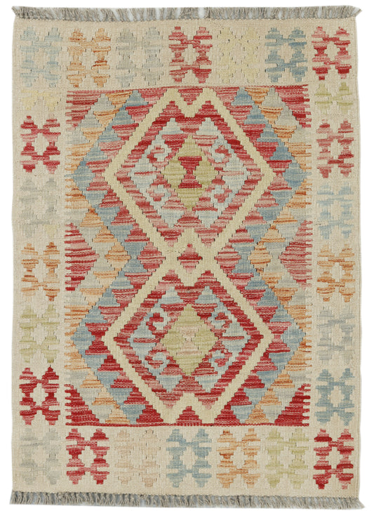 Afghan Kilim rug by eastofhere, 105x76cm, featuring traditional geometric patterns in vibrant colors on a woven textile.