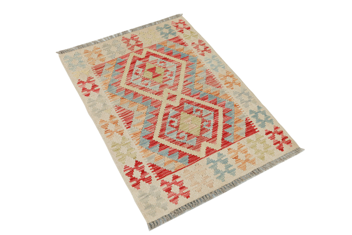 Afghan Kilim rug by eastofhere, 105x76cm, colorful geometric patterns, traditional woven textile for home decor.