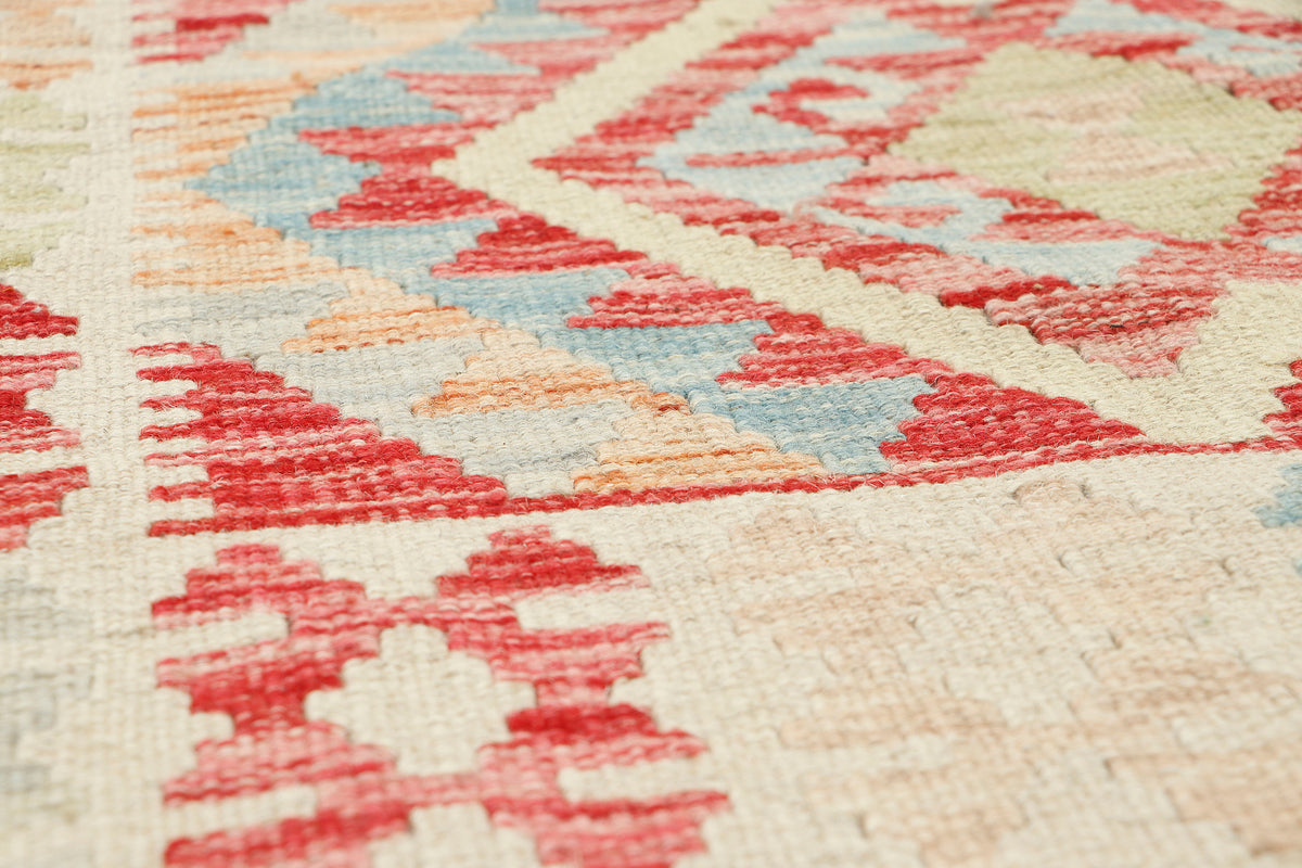 Afghan Kilim rug by eastofhere, 105x76cm, featuring traditional geometric patterns and vibrant colors on a woven textile background.