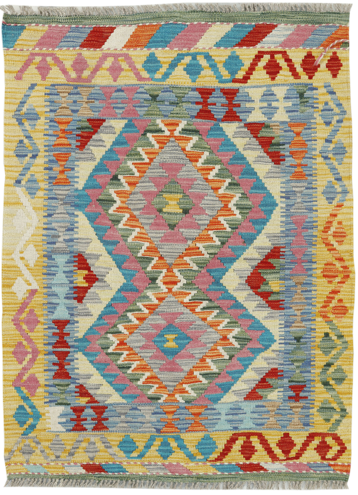 Afghan Kilim rug with geometric patterns, 120x87cm, handmade textile by eastofhere, featuring vibrant colors and traditional design.