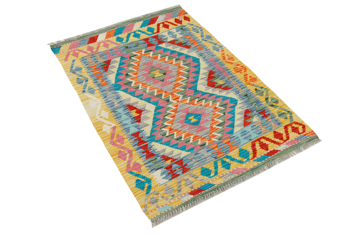 Afghan Kilim rug by eastofhere featuring vibrant geometric patterns, 120x87cm size, woven textile with intricate traditional design.