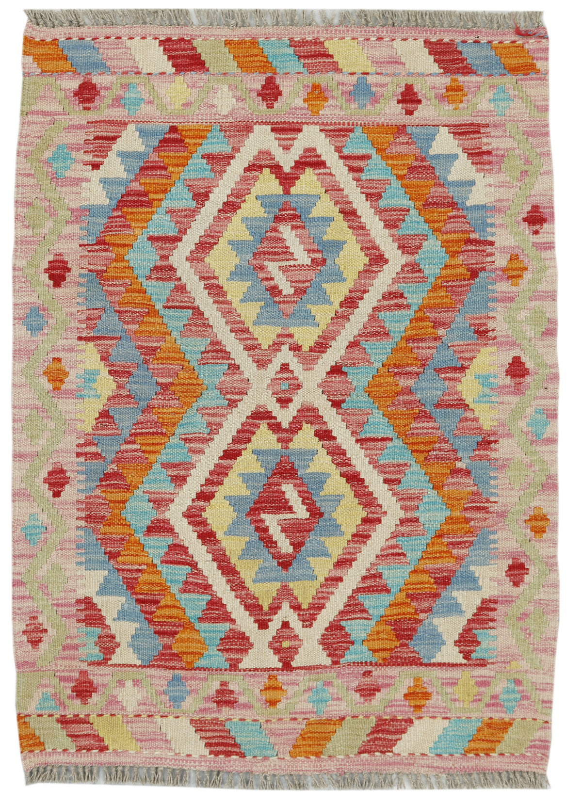 Afghan Kilim rug by eastofhere showing geometric patterns in vibrant colors, measuring 110x80cm, traditional woven floor covering.