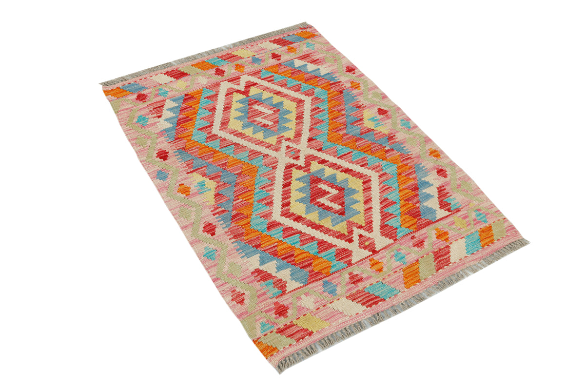 Afghan Kilim rug by eastofhere, 110x80cm, featuring traditional geometric patterns in vibrant colors on woven fabric.