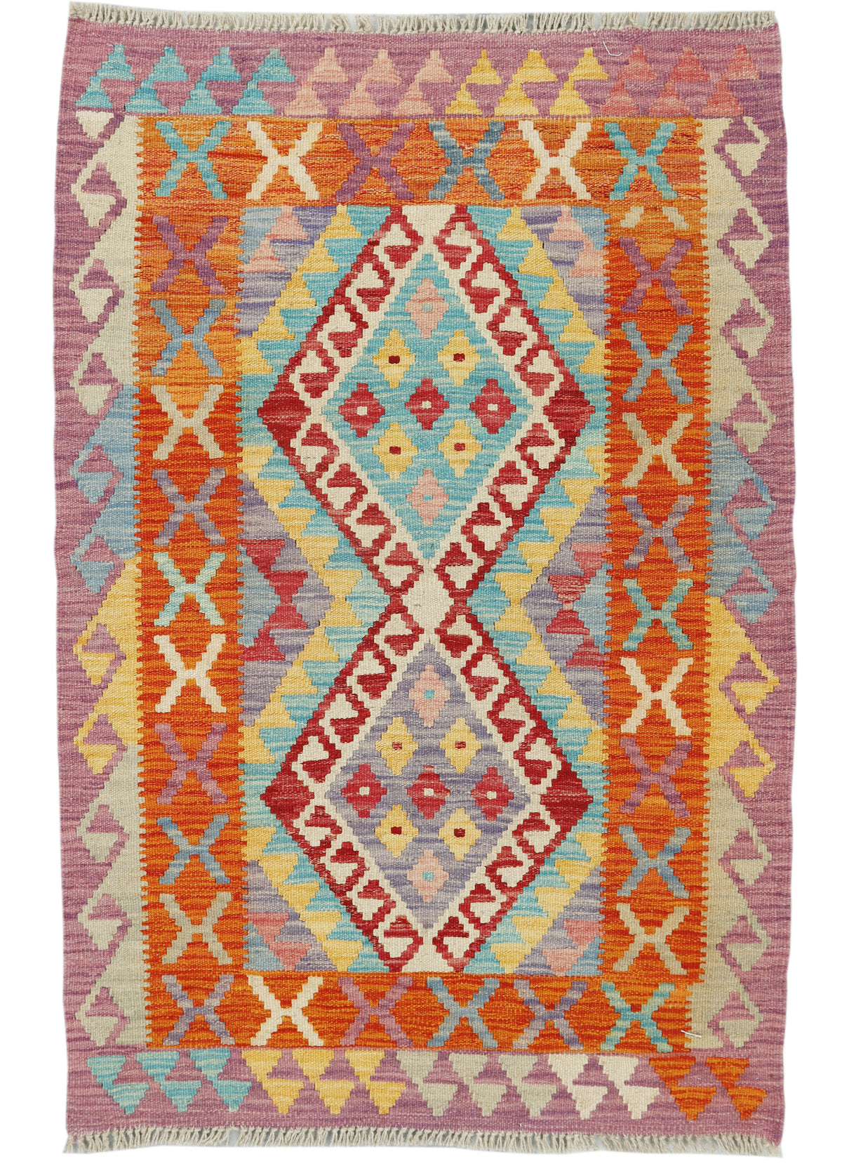 Afghan Kilim rug by eastofhere with intricate geometric patterns in vibrant colors, measuring 123x82cm, laid flat on the floor.