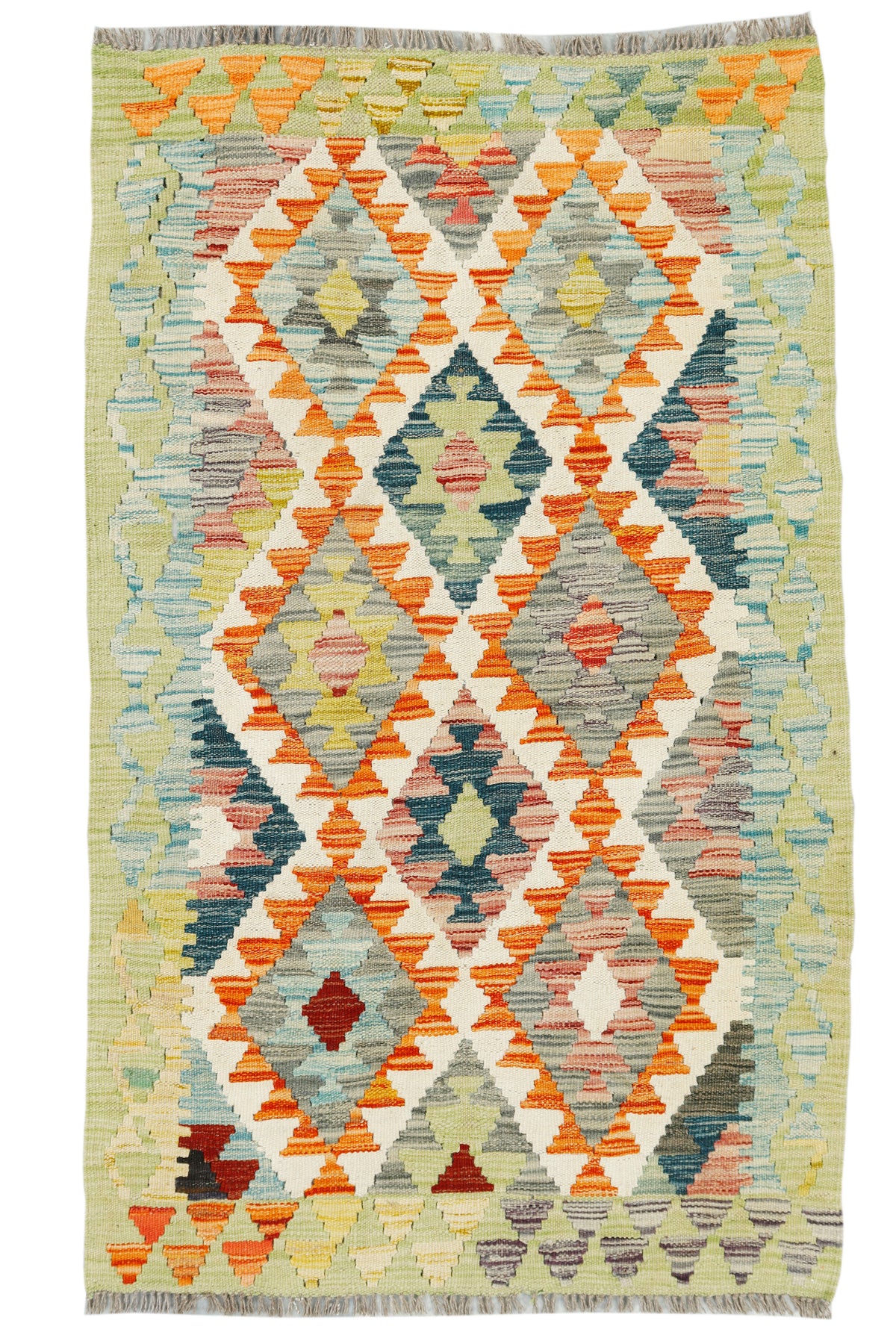 Afghan Kilim rug by eastofhere, 148x87cm, featuring traditional geometric patterns in vibrant colors on a woven textile.
