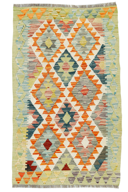 Afghan Kilim rug by eastofhere, 148x87cm, featuring traditional geometric patterns in vibrant colors on a woven textile.