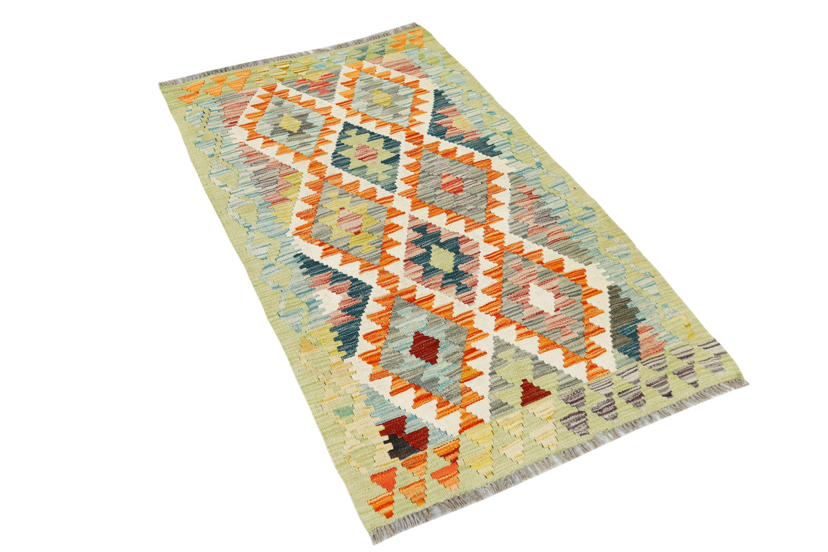 Afghan Kilim rug by eastofhere with geometric patterns in vibrant colors, measuring 148 x 87cm, laid out on a wooden floor.