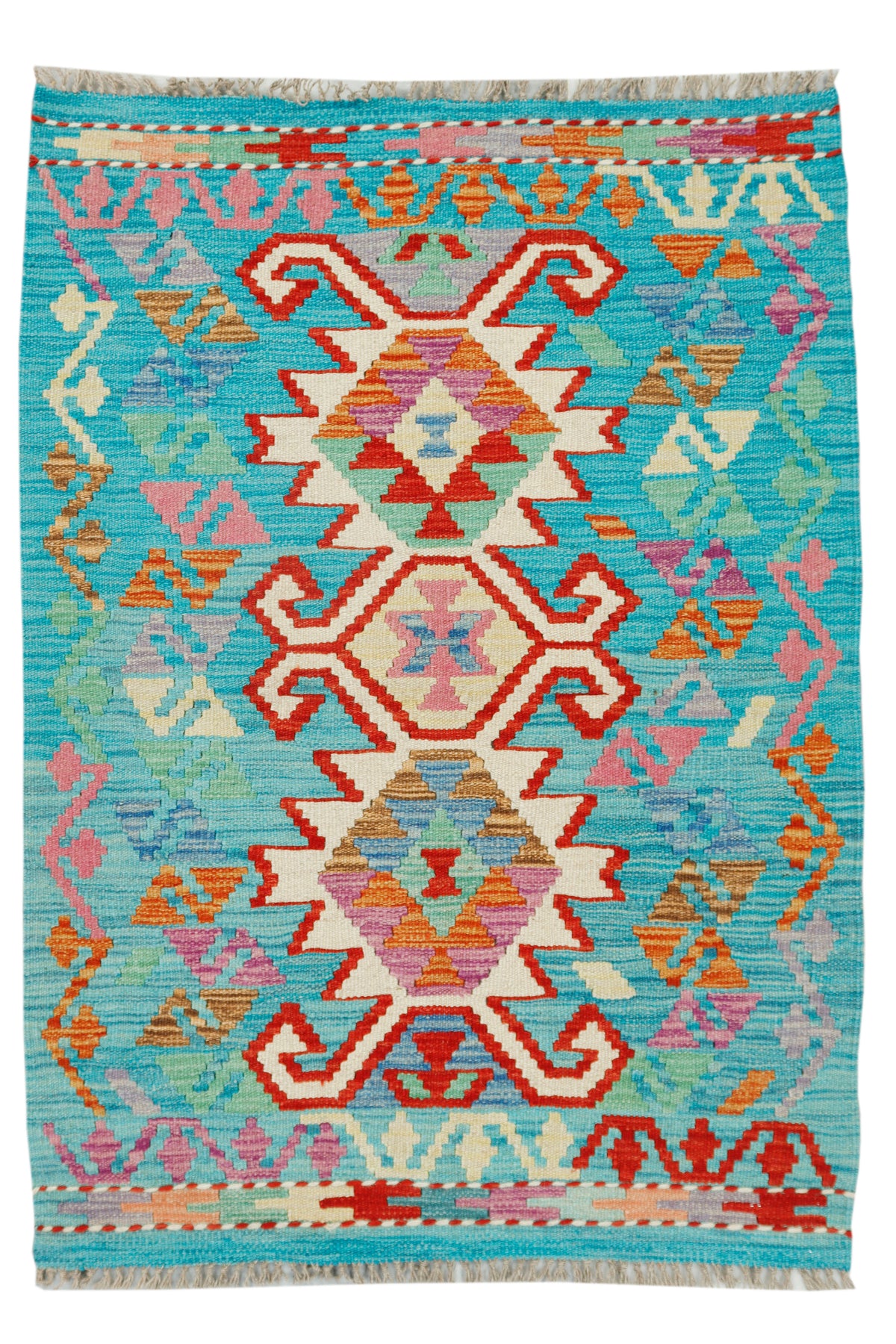 Colorful Afghan Kilim rug by eastofhere, 123x88cm, featuring traditional geometric patterns and vibrant woven details.