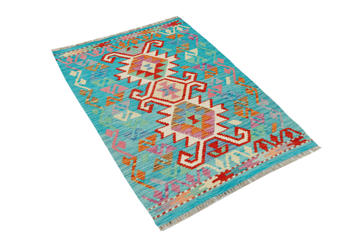 Afghan Kilim Rug by eastofhere, 123x88cm, featuring traditional geometric patterns in vibrant colors, woven textile decor.
