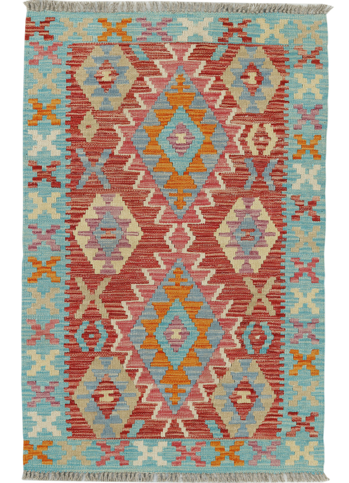 Colorful Afghan Kilim rug from eastofhere with intricate geometric patterns, measuring 121x78cm, traditional handmade design.
