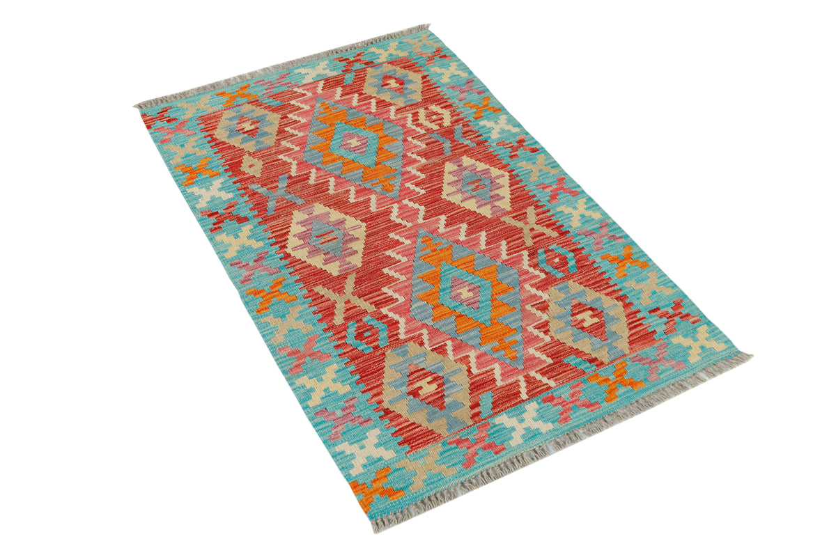 Afghan Kilim rug by eastofhere, 121x78cm, featuring traditional geometric patterns and vibrant colors on a woven textile background.