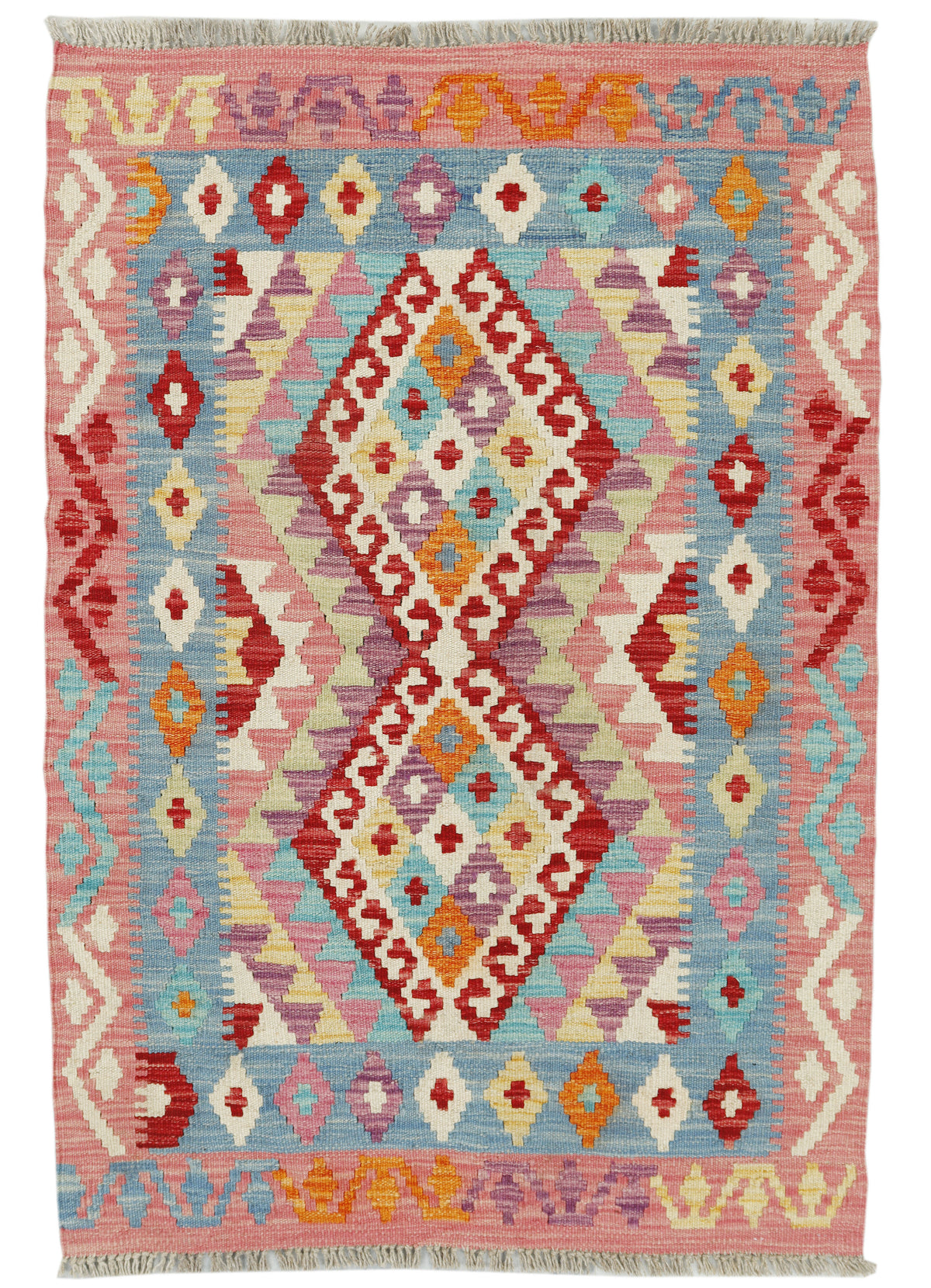 Afghan Kilim rug by eastofhere, 121x83cm, featuring traditional geometric patterns in vibrant colors and woven textile design.