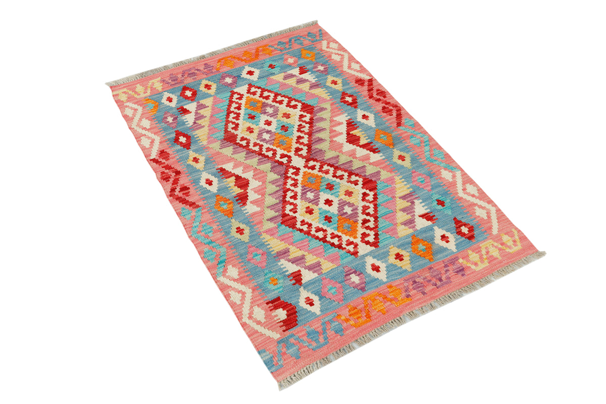 Afghan Kilim rug from eastofhere, 121x83cm, featuring traditional geometric patterns in vibrant colors, woven textile decor.