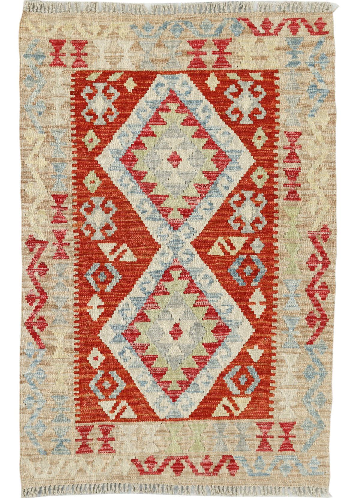 Afghan Kilim rug by eastofhere, 121x81cm, handwoven with intricate geometric patterns in vibrant colors.