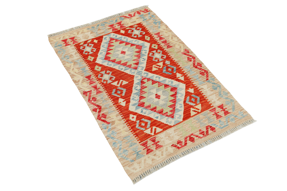 Afghan Kilim rug by eastofhere, 121x81cm, featuring geometric patterns and vibrant colors on a woven textile surface.