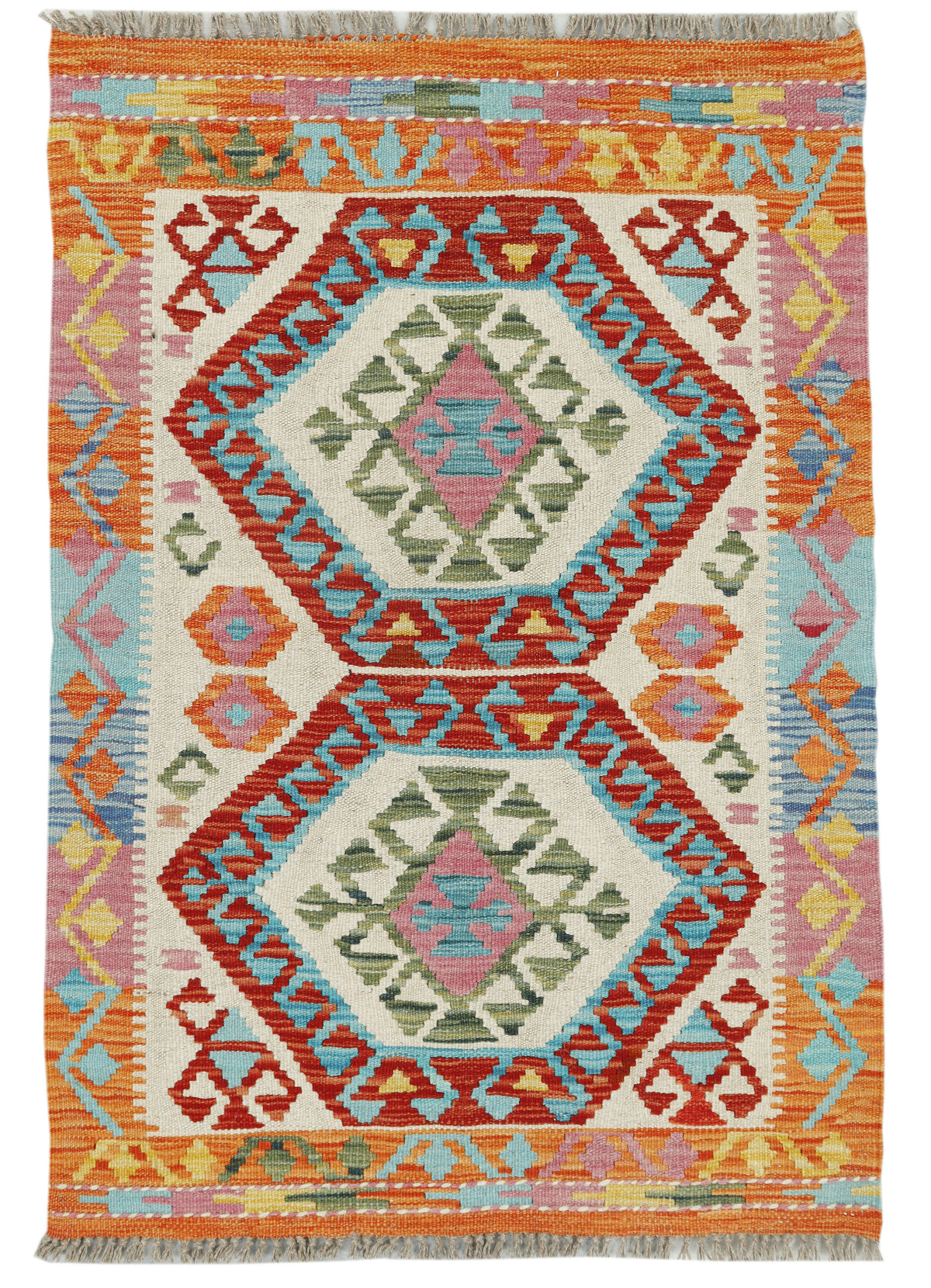 Afghan Kilim rug by eastofhere, 116x80cm, featuring traditional geometric patterns and vibrant colors on woven fabric.