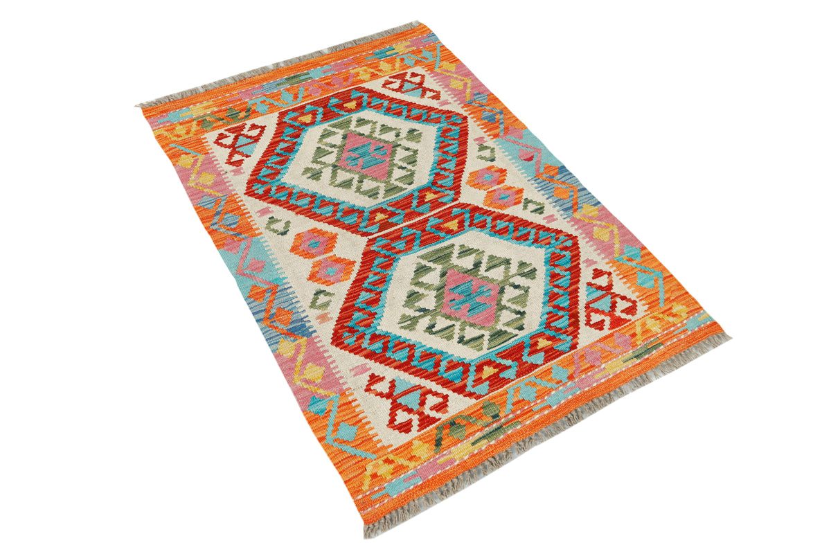Afghan Kilim rug with intricate geometric patterns in vibrant colors, measuring 116x80cm, by eastofhere.