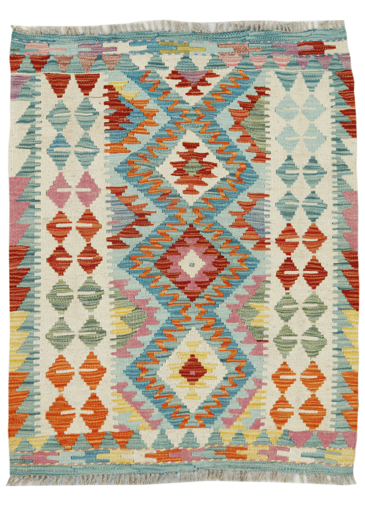 Colorful Afghan Kilim rug from eastofhere, 111x90cm, featuring traditional geometric patterns on woven textile.