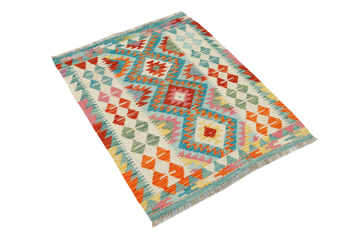 Afghan Kilim rug by eastofhere featuring geometric patterns in warm earth tones, measuring 111x90cm.