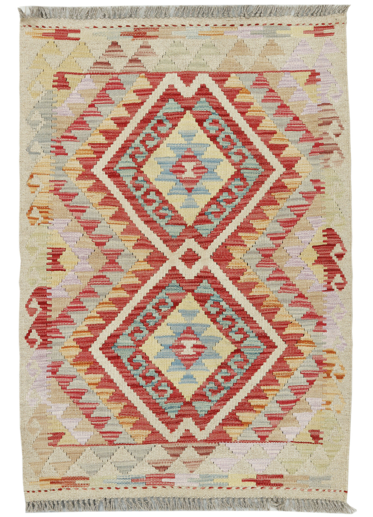Afghan Kilim rug with geometric patterns in earthy tones, measuring 112x75cm, from eastofhere, showcasing intricate woven design.