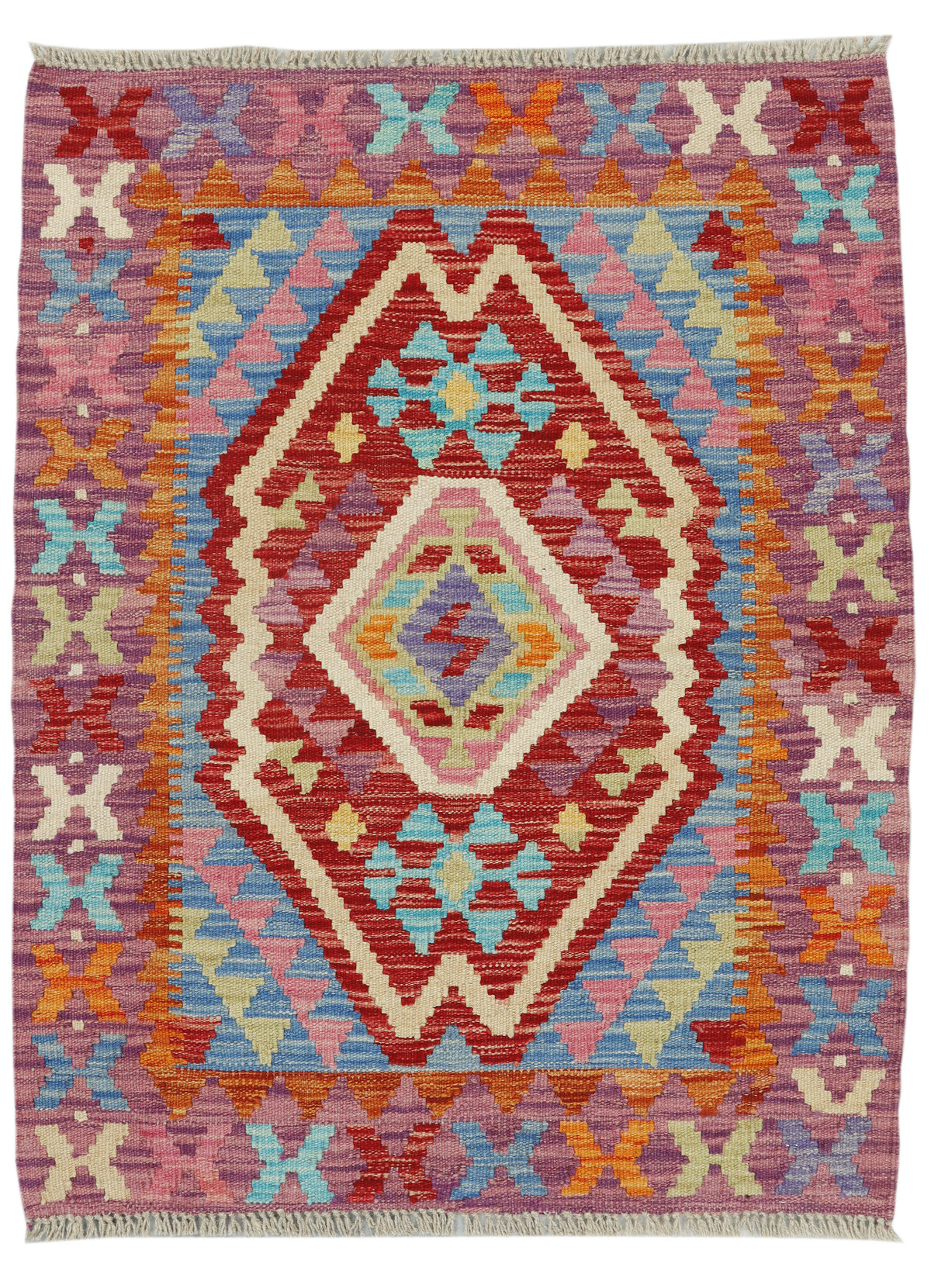 Colorful Afghan Kilim rug by eastofhere, 106x84cm, featuring traditional geometric patterns and vibrant woven details.