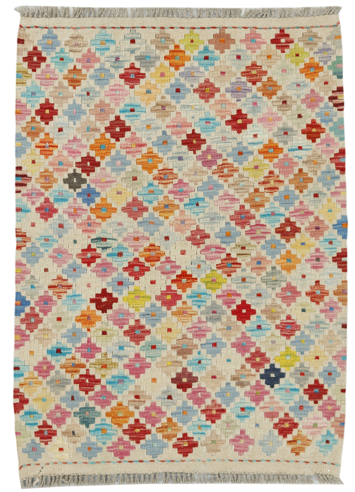 Afghan Kilim rug by eastofhere, 115x83cm, featuring traditional geometric patterns and vibrant colors on woven textile.