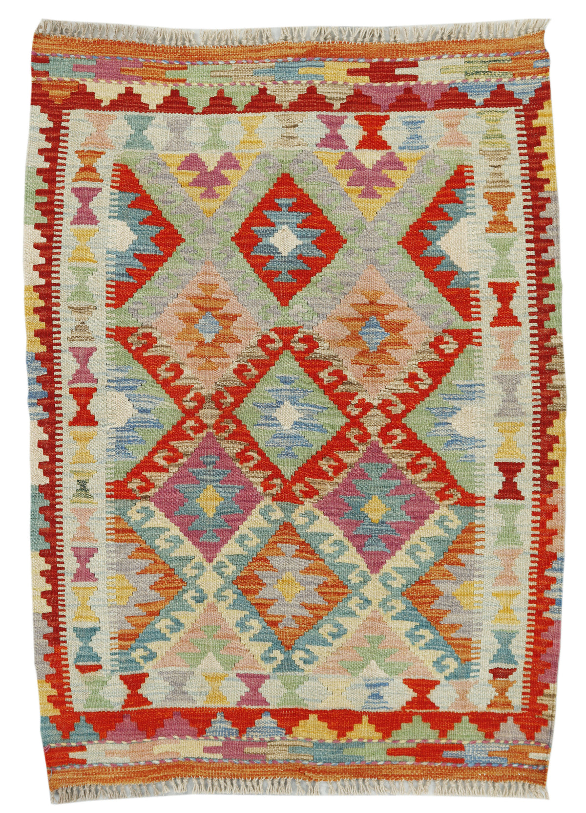 Afghan Kilim rug with geometric patterns, 118x87cm, handmade textile from Eastofhere showcasing vibrant traditional design.