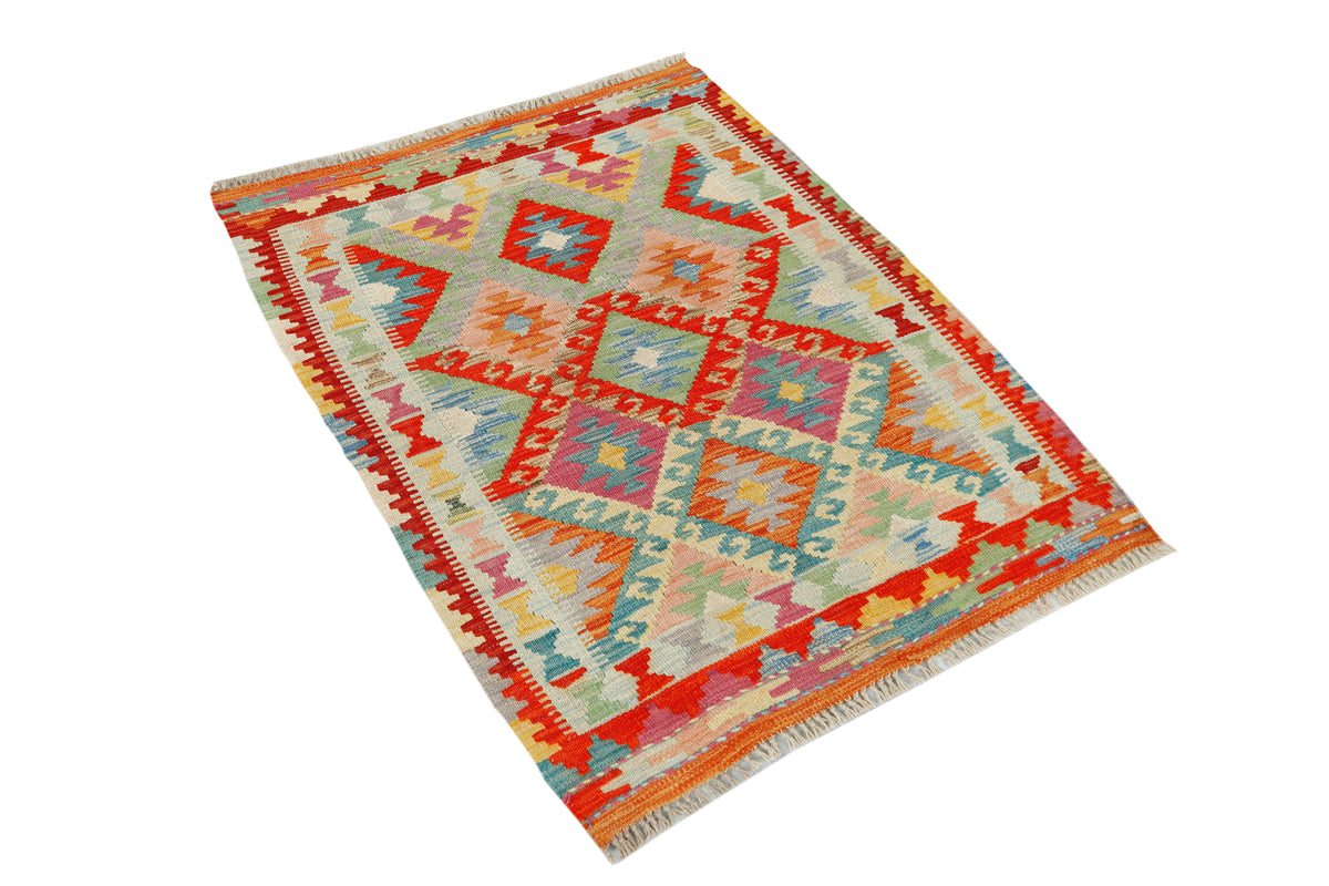 Afghan Kilim rug by eastofhere with geometric patterns in warm tones, measuring 118x87cm, showcasing intricate woven design.