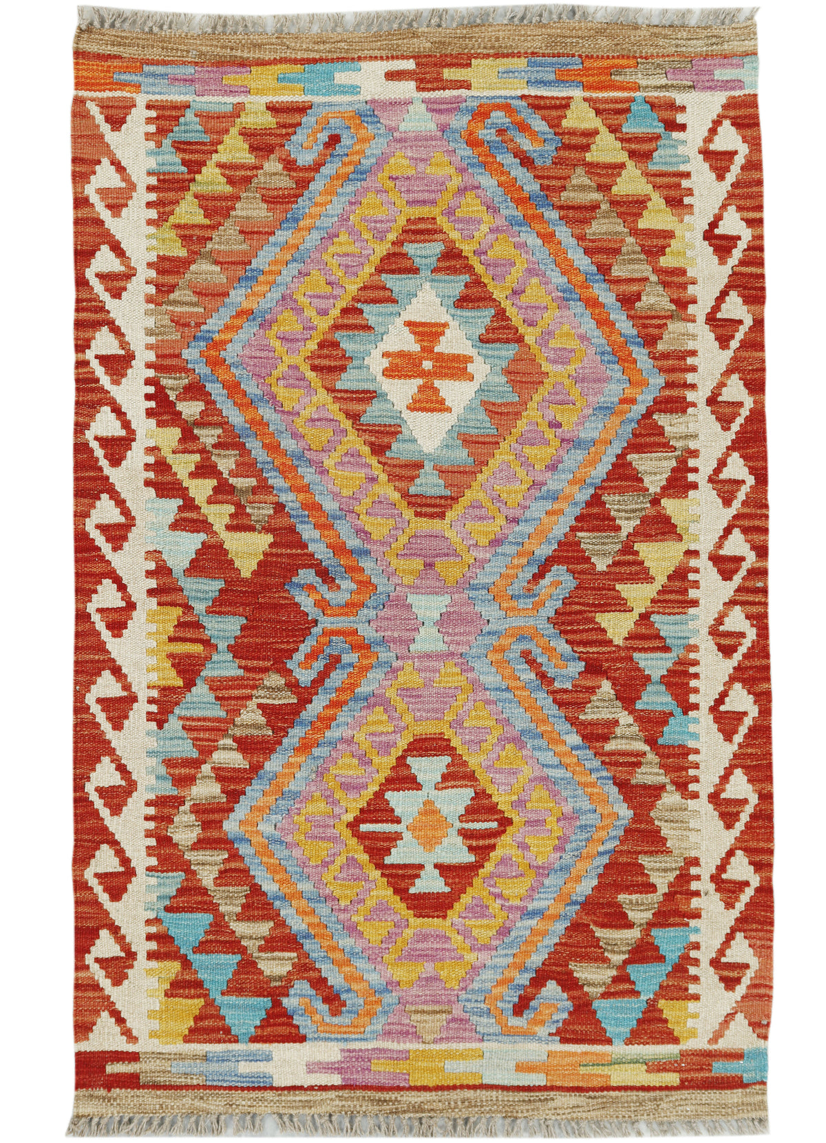 Afghan Kilim rug by eastofhere, 124x77cm, featuring colorful geometric patterns and traditional woven textile design.
