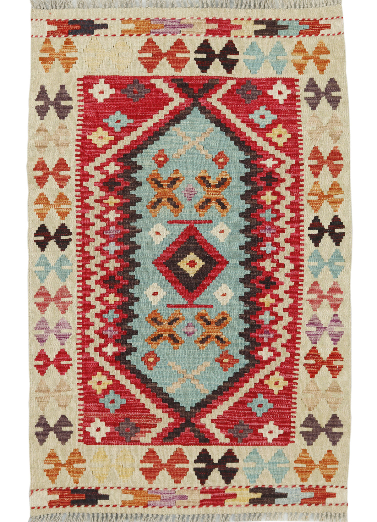 Afghan Kilim rug by eastofhere, 123x78cm, featuring colorful geometric patterns and traditional woven design.