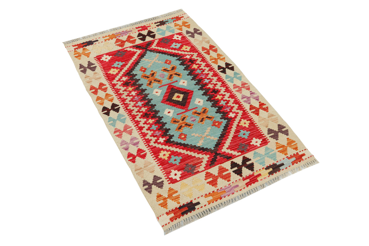 Afghan Kilim rug by eastofhere, 123x78cm, featuring traditional geometric patterns and vibrant colors on woven textile.