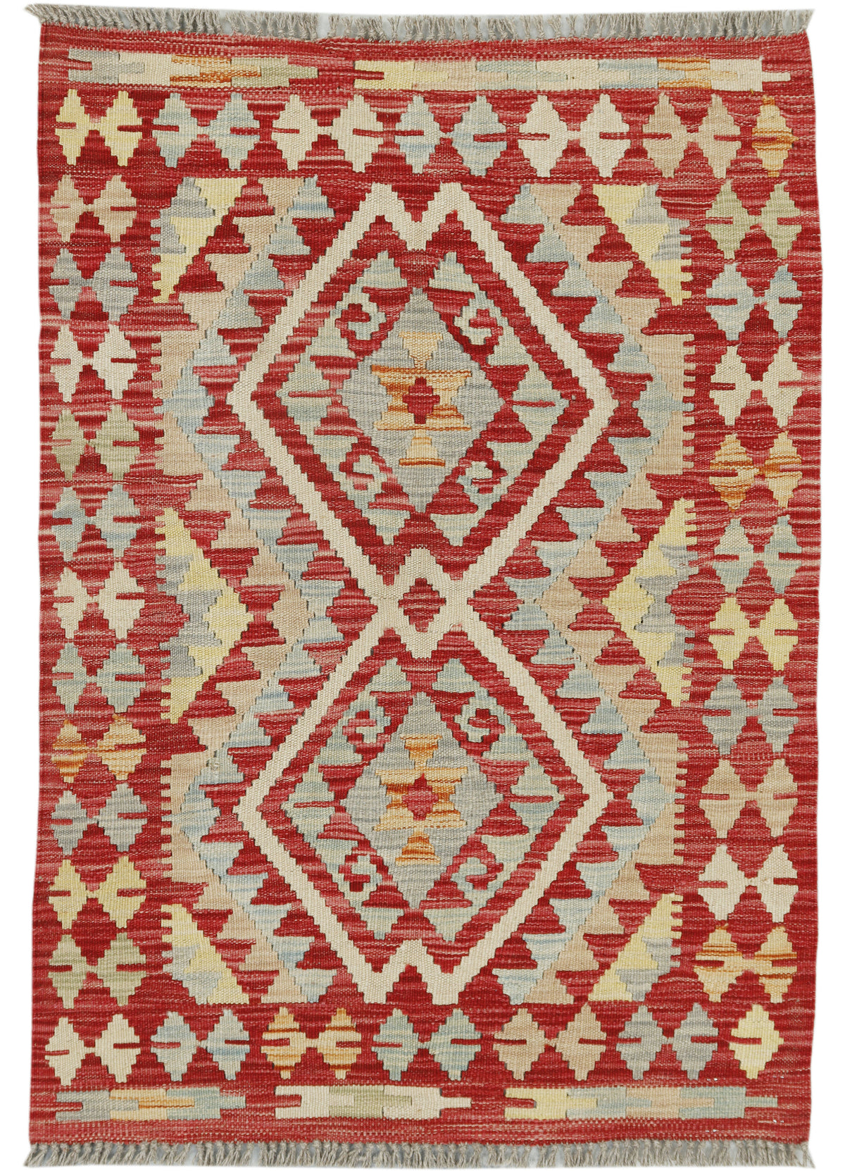 Afghan Kilim rug by eastofhere, 109x77cm, featuring traditional geometric patterns and vibrant colors on woven fabric.