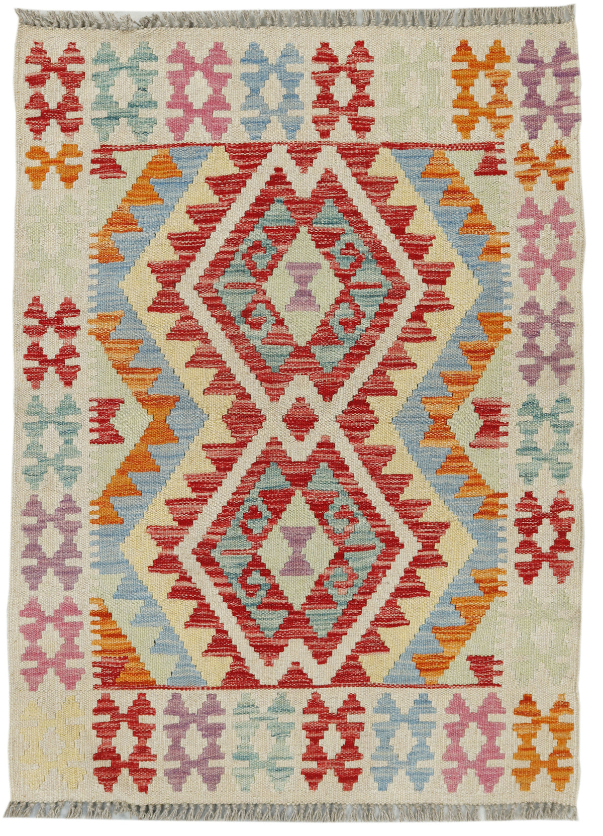 Afghan Kilim rug by eastofhere, 108x78cm, featuring traditional geometric patterns and vibrant colors on a woven textile.