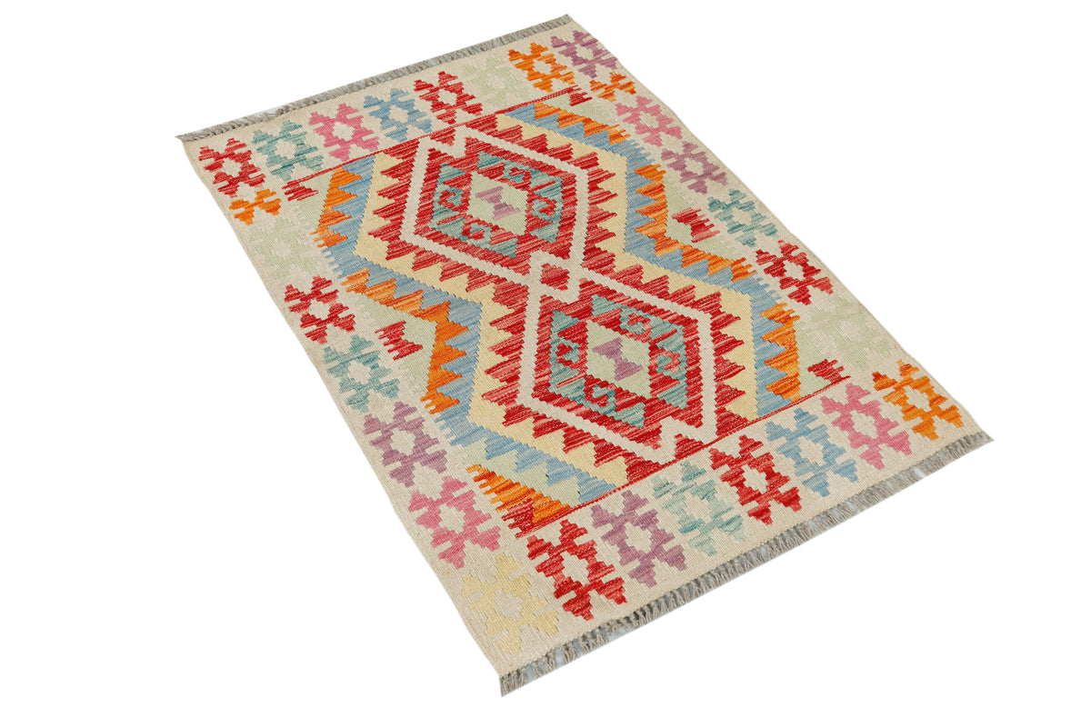 Afghan Kilim rug by eastofhere, 108x78cm, featuring traditional geometric patterns and vibrant colors on woven fabric.