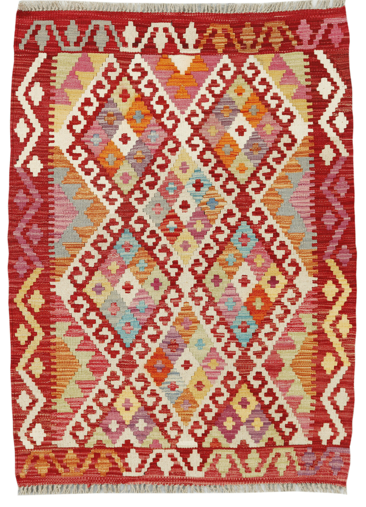 Afghan Kilim rug by eastofhere, 124x88cm, with geometric patterns and vibrant colors, showcasing traditional woven textile craftsmanship.
