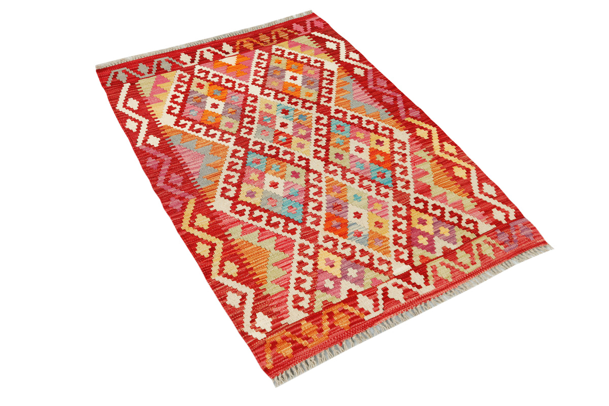 Afghan Kilim rug by eastofhere, 124x88cm, featuring traditional geometric patterns and vibrant colors on woven fabric.