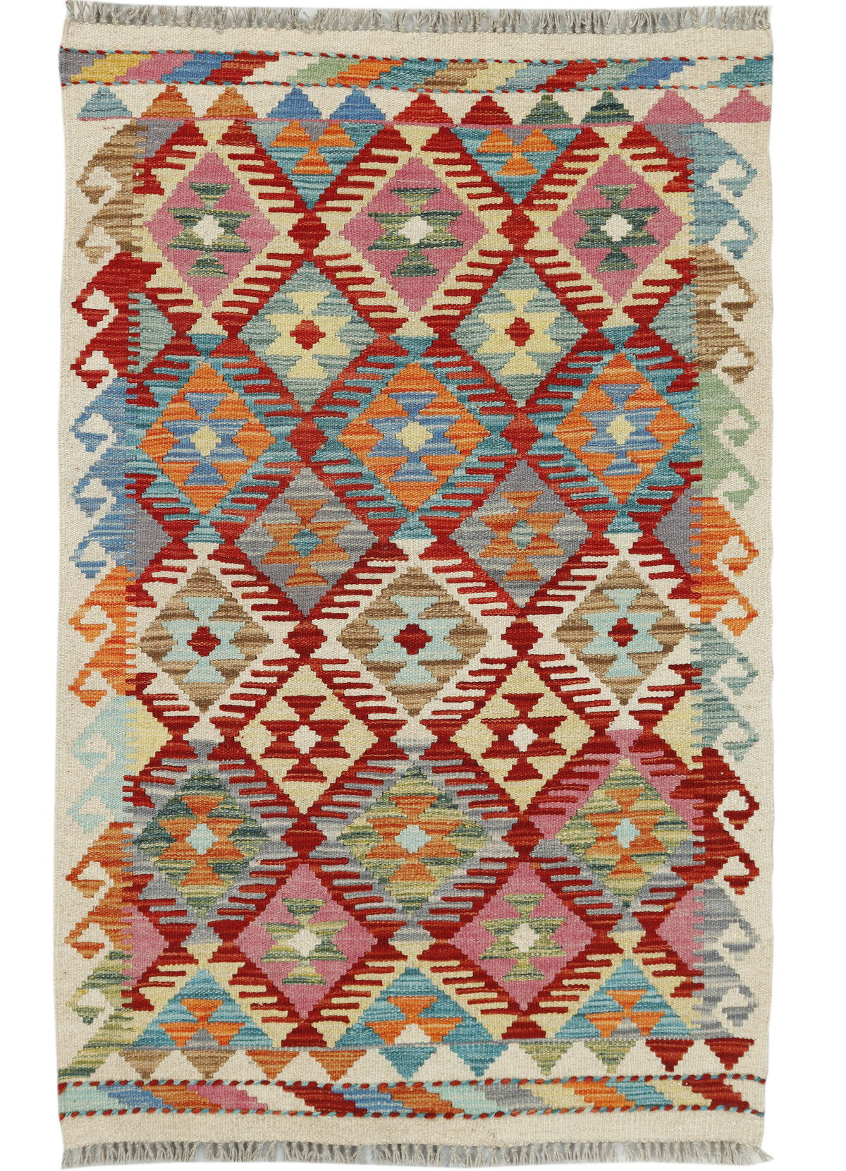 Afghan Kilim rug with geometric patterns, 126 x 80cm, handcrafted by eastofhere, displaying traditional woven design and vibrant colors.