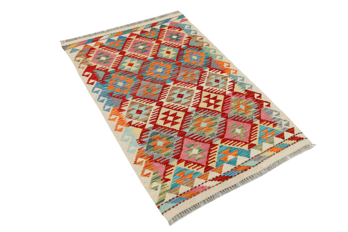 Afghan Kilim rug by eastofhere, 126x80cm, showcasing traditional geometric patterns and vibrant colors on a woven textile.