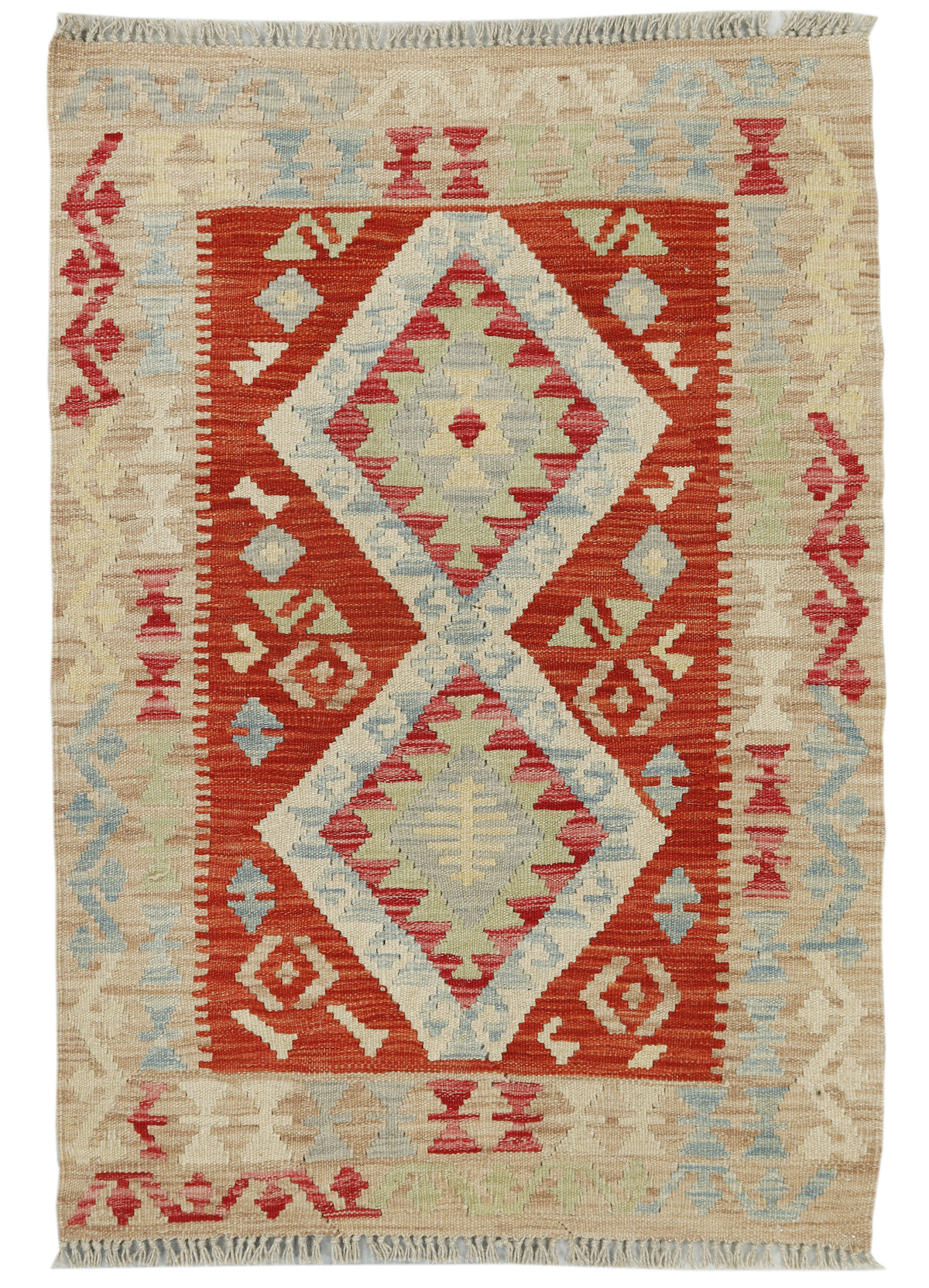 Afghan Kilim rug by eastofhere, 113 x 77cm, with traditional geometric patterns and vibrant colors, woven textile decor.