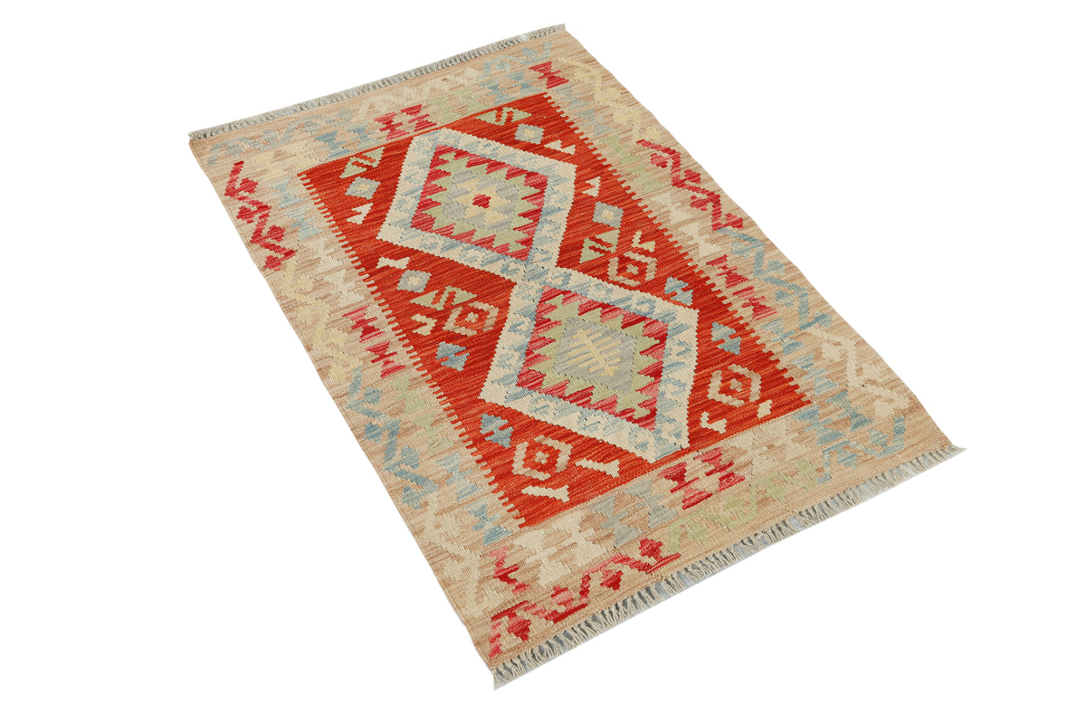 Afghan Kilim rug by eastofhere, 113x77cm, featuring traditional geometric patterns in vibrant colors on woven fabric.