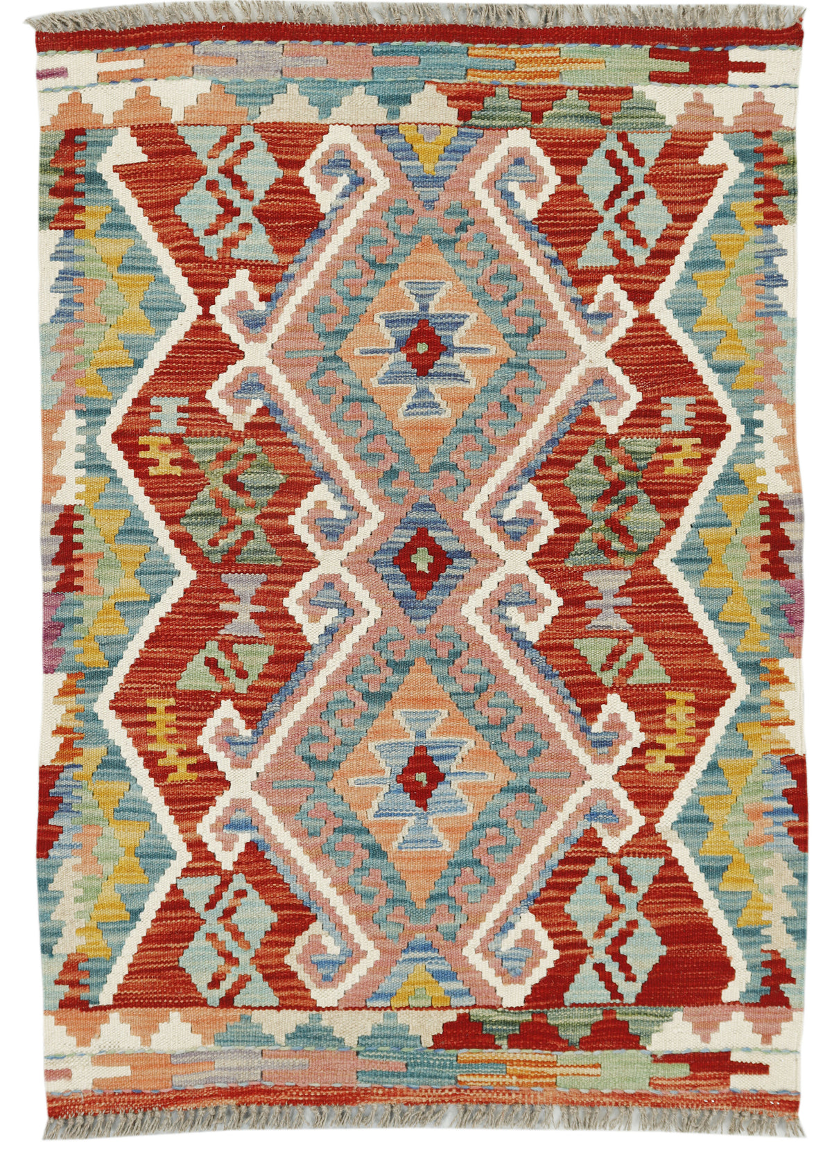 Colorful Afghan Kilim rug by eastofhere, 125x85cm, featuring traditional geometric patterns and vibrant woven details.